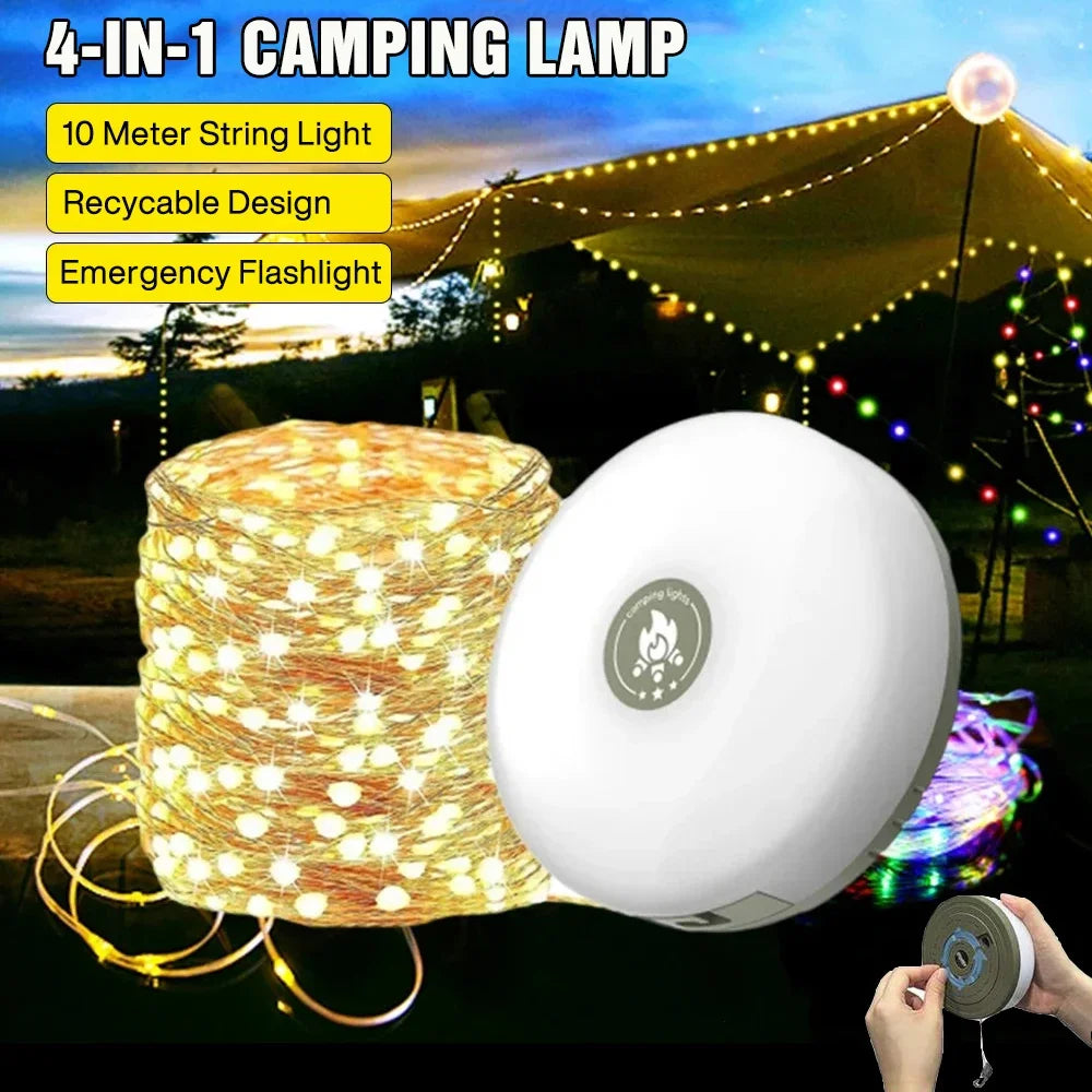 4-In-1 Camping Light LED Reel String Lights Outdoor USB Camping Lamp Recyclable LED Night Light for Garden Tent Room Decor