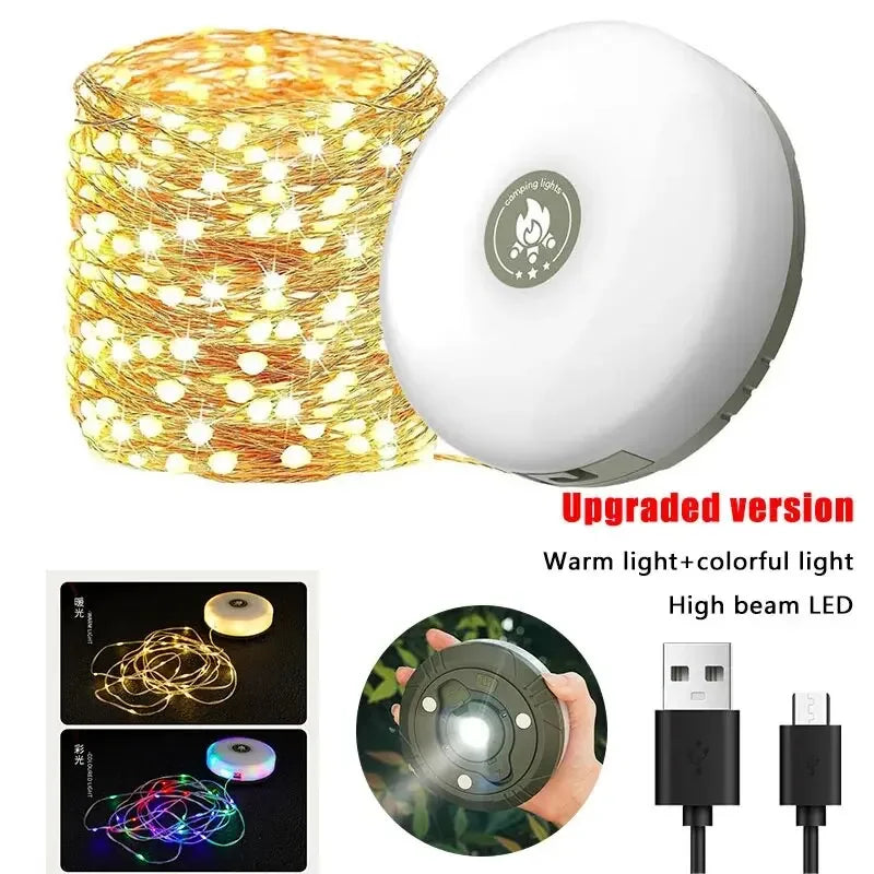 4-In-1 Camping Light LED Reel String Lights Outdoor USB Camping Lamp Recyclable LED Night Light for Garden Tent Room Decor