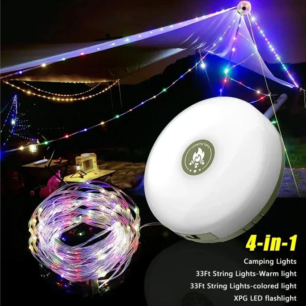 4-In-1 Camping Light LED Reel String Lights Outdoor USB Camping Lamp Recyclable LED Night Light for Garden Tent Room Decor