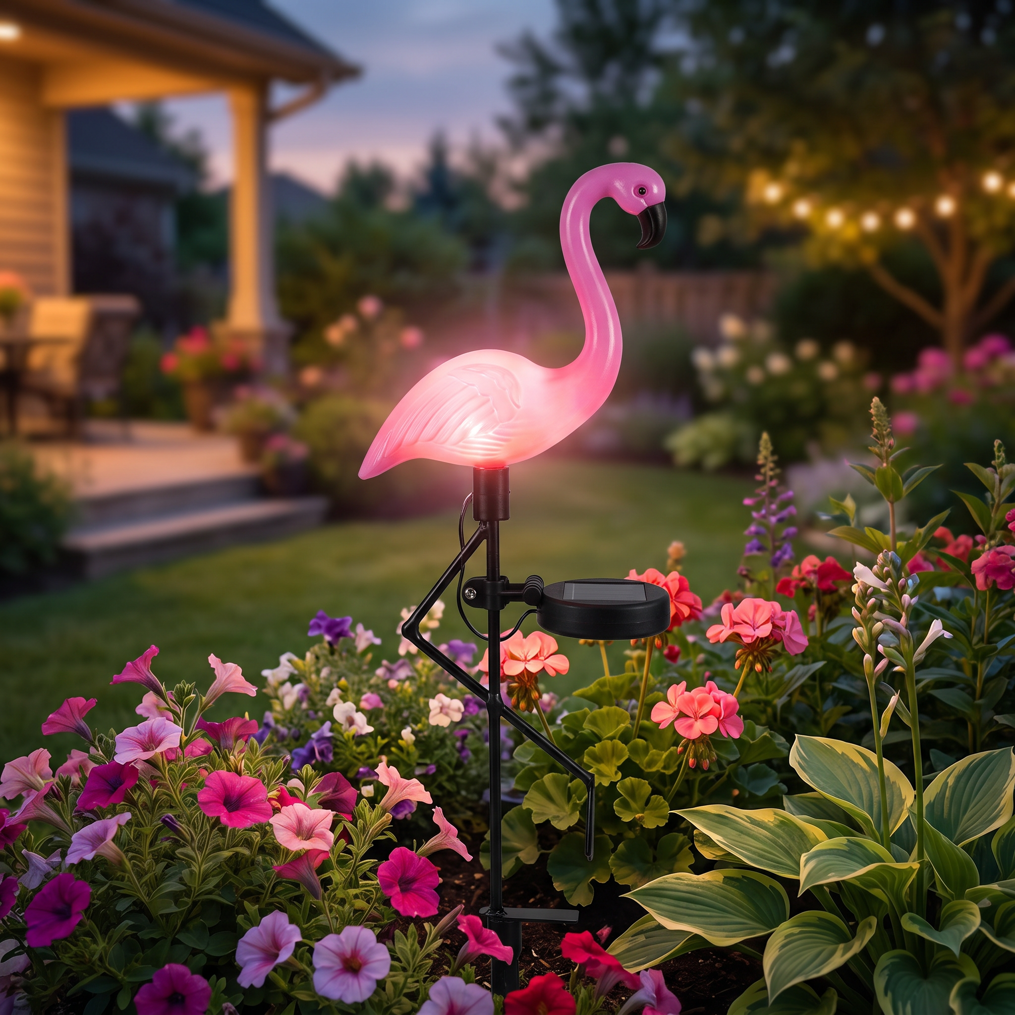 Lampe solaire flamant rose dans un massif fleuri