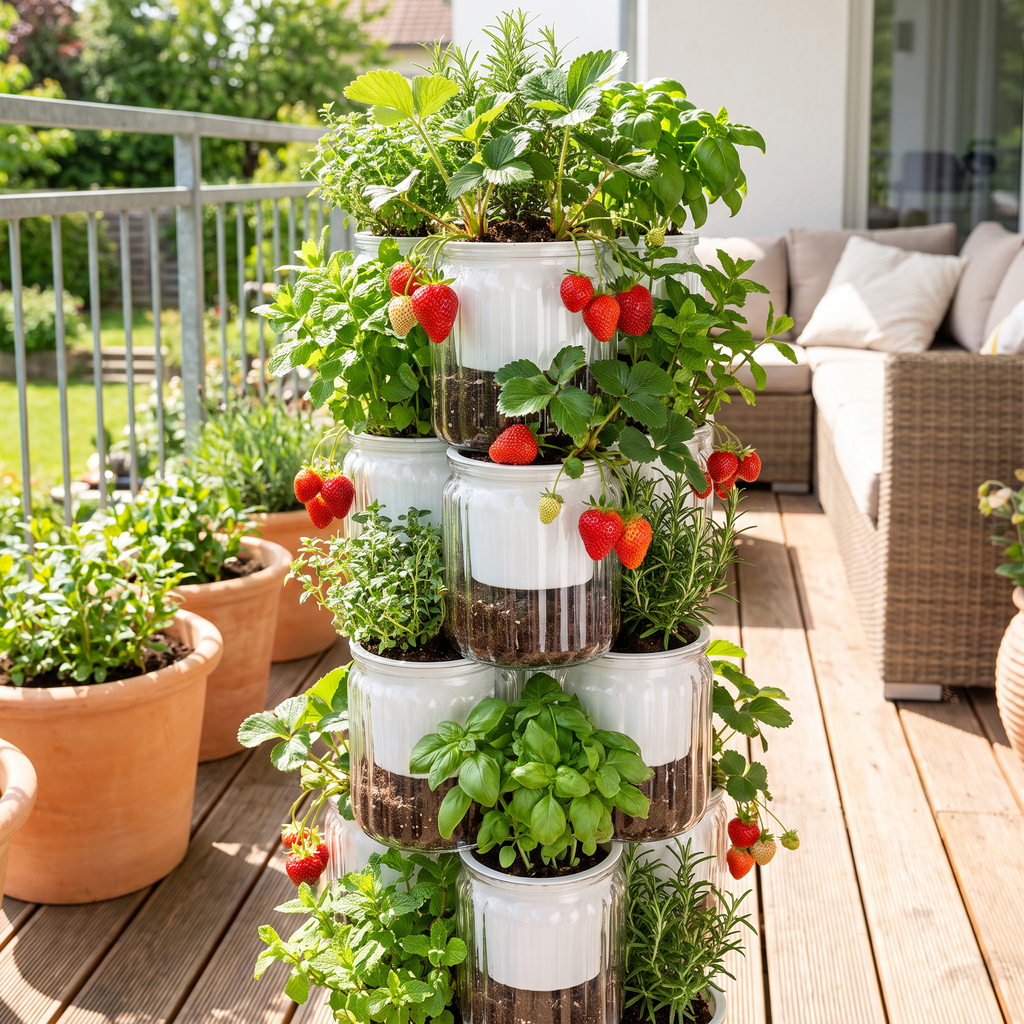 Tour de culture verticale pleine de fraises sur un balcon