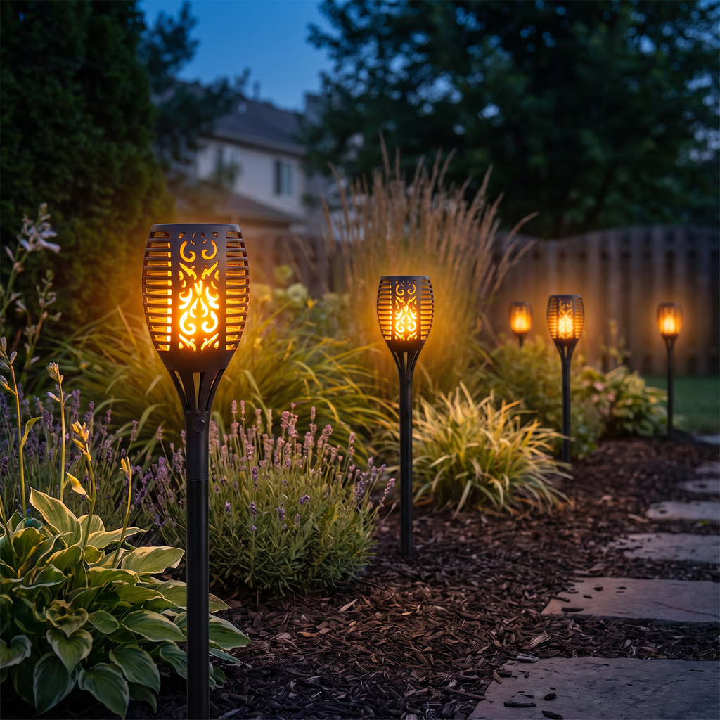 Torches solaires effet flamme dans un jardin au crépuscule