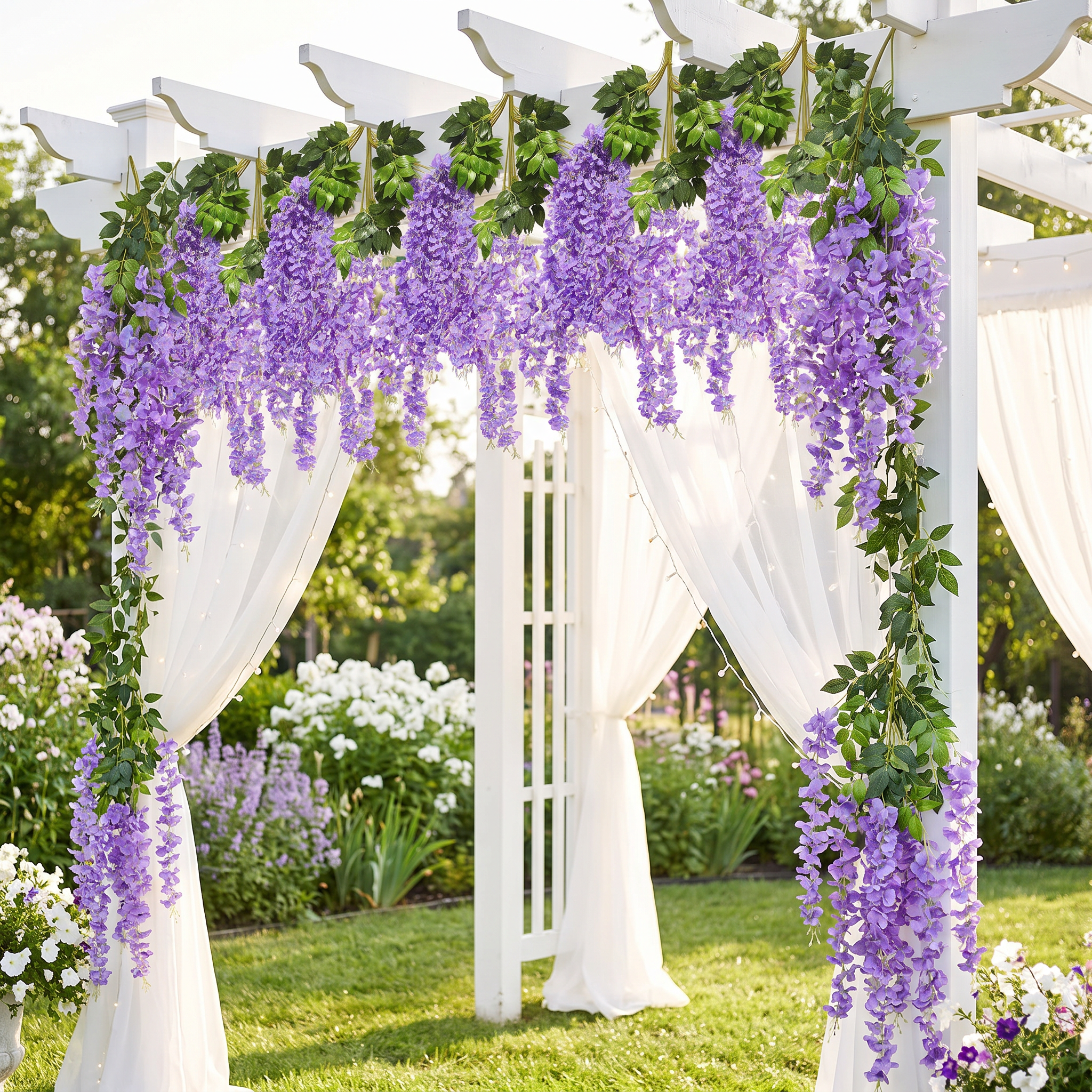 Guirlande de glycine artificielle sur une arche de mariage